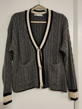 Zara Gray Cable-Knit Cardigan with Cream & Black Trim